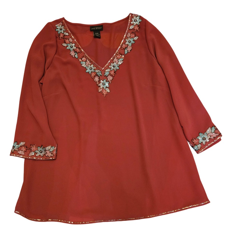 Lane Bryant Tunic Top‎ Plus Size 14/16 Sequin Embellished Rust Blouse